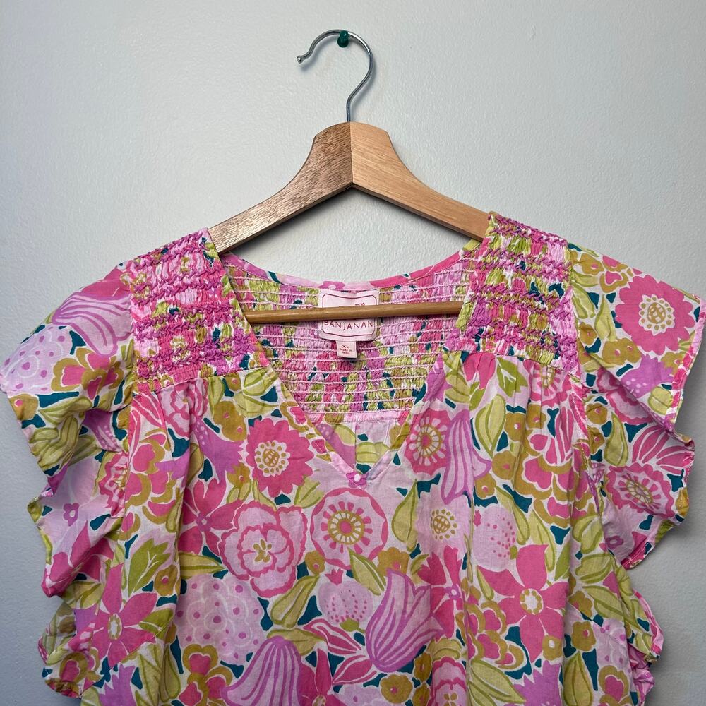 Banjanan Cotton Top Blouse Ruched Smocked Pink Green Floral Anthro Shirt XL - Picture 3 of 5